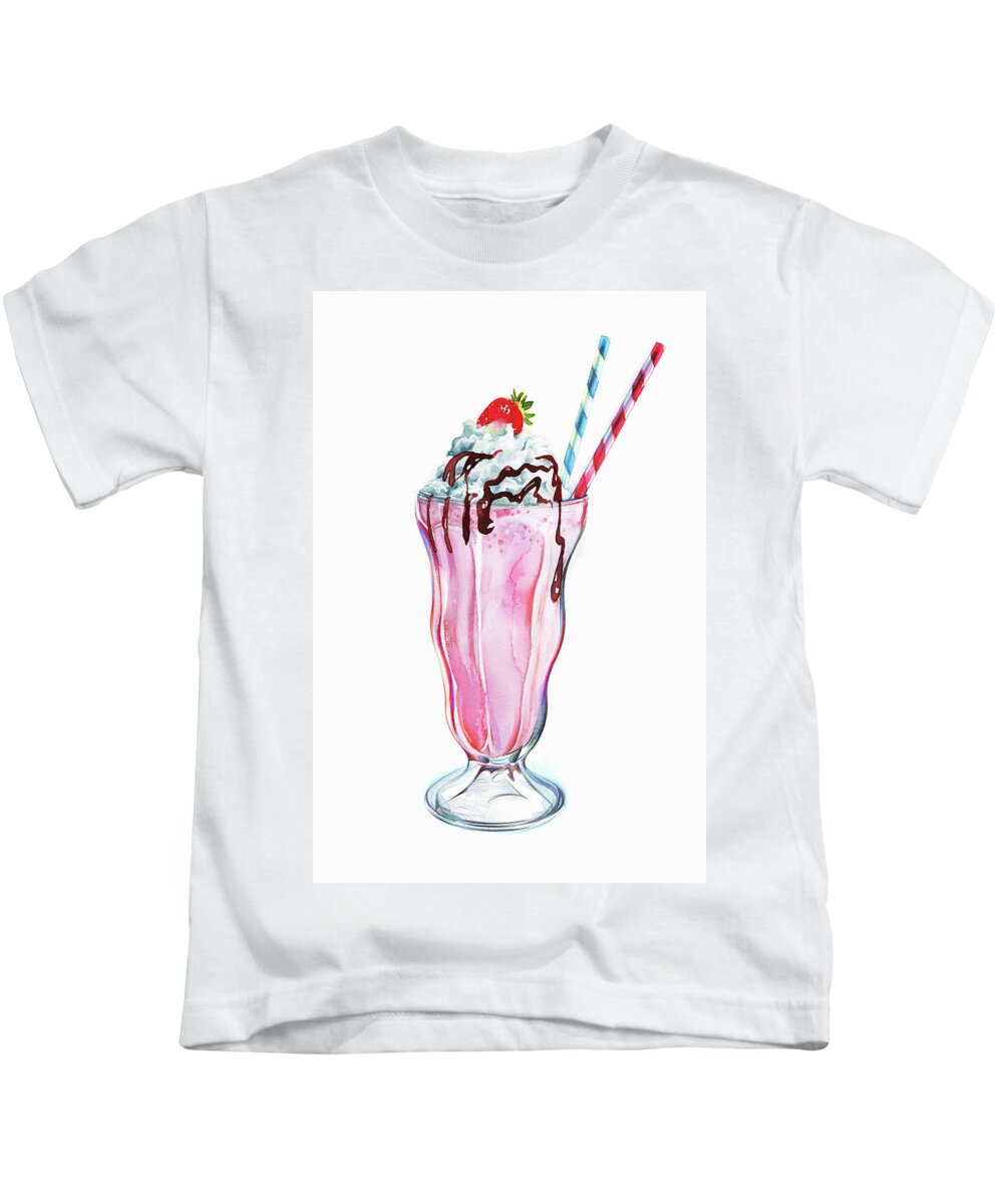 Chocolate Icing Kids T-Shirt featuring the painting Strawberry Milkshake With Whipped Cream by Ikon Ikon Images