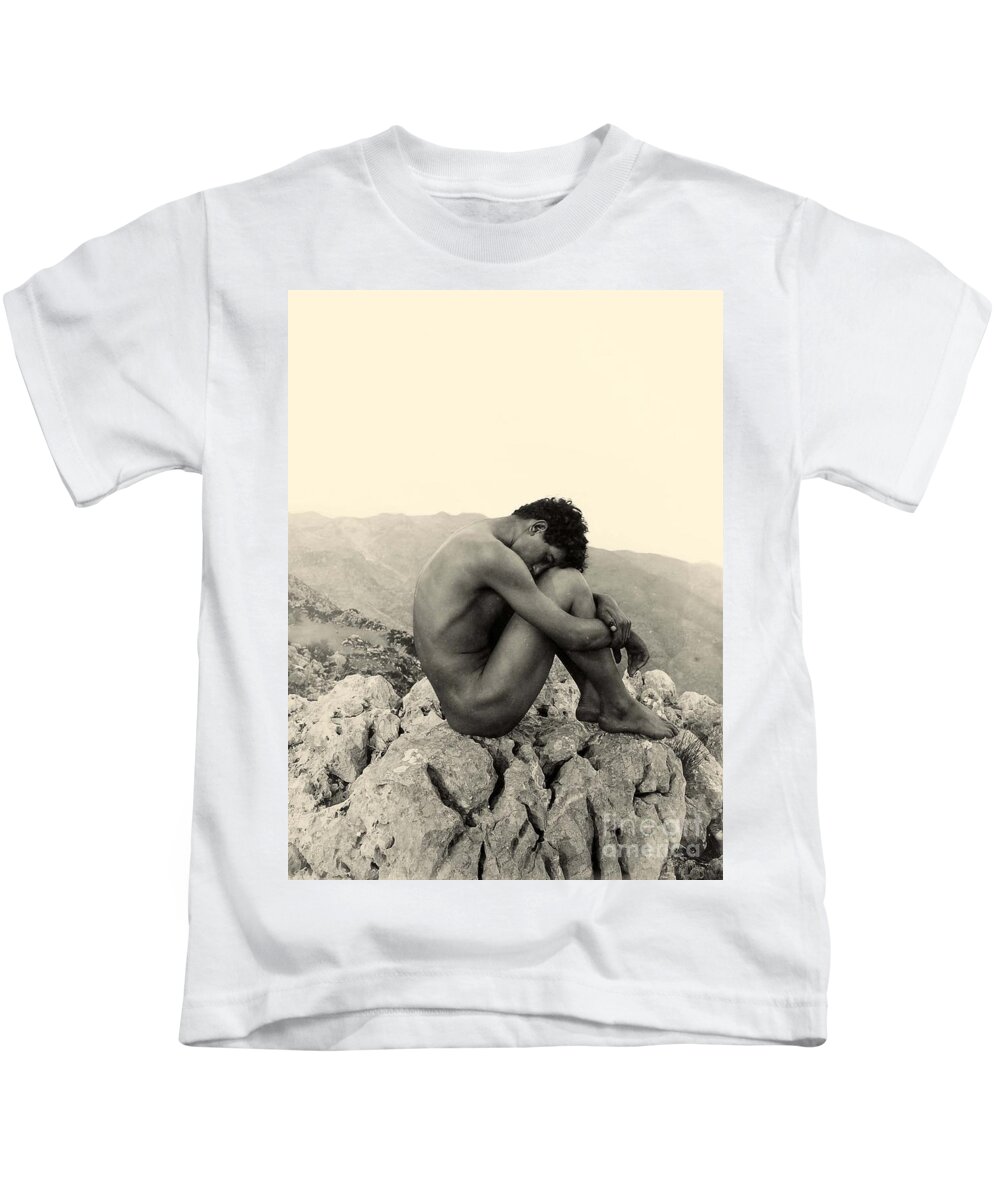 Gloeden Kids T-Shirt featuring the photograph Study of a Male Nude on a Rock in Taormina Sicily by Wilhelm von Gloeden