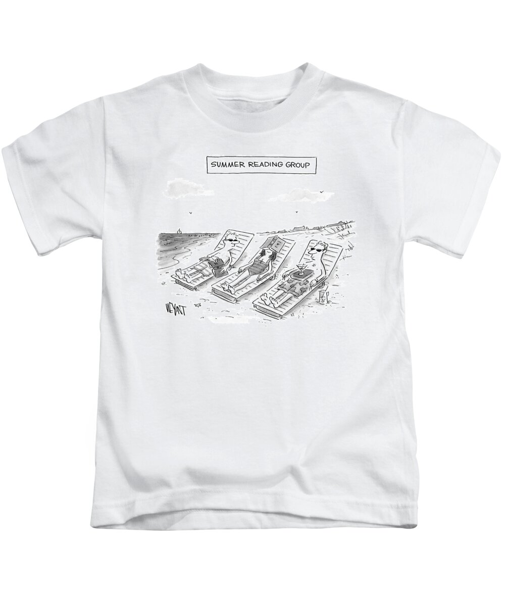 Reading Kids T-Shirt featuring the drawing Summer Reading Group -- Three Beach Goers Lounge by Christopher Weyant