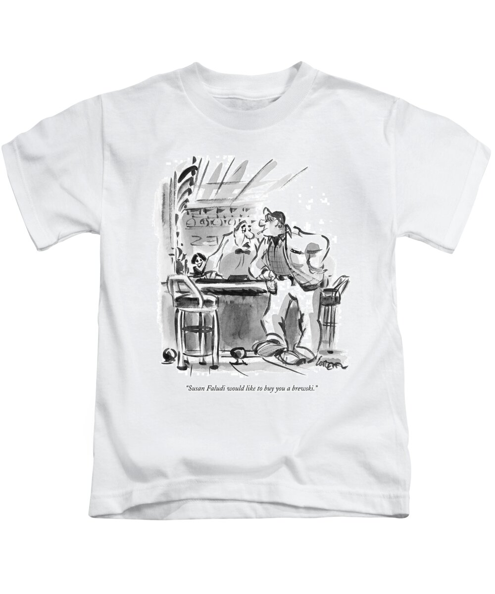 Faludi Kids T-Shirt featuring the drawing Susan Faludi Would Like To Buy You A Brewski by Lee Lorenz