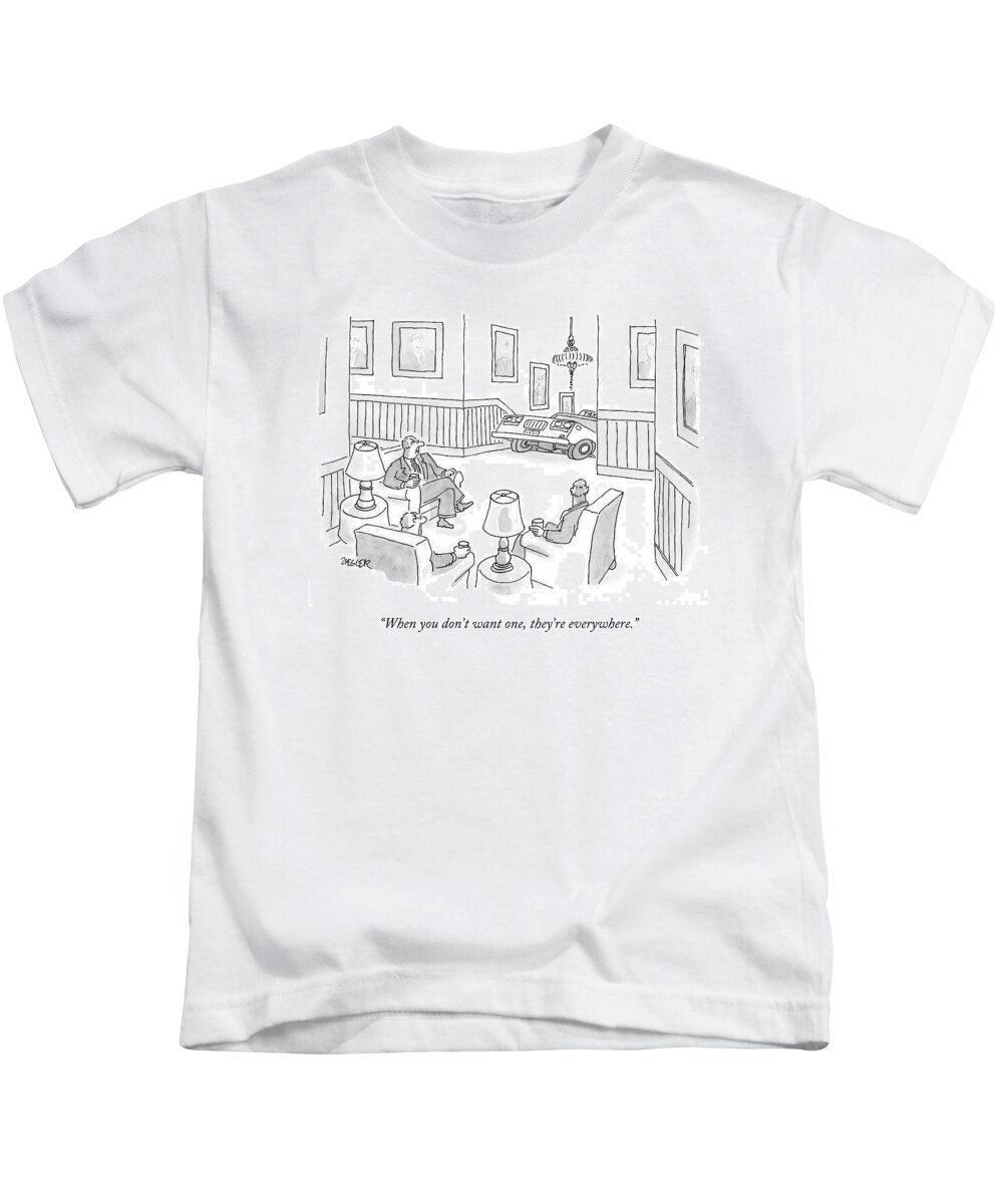 Taxis Kids T-Shirt featuring the drawing Taxi Cab Drives Into Room As Three Men Watch by Jack Ziegler