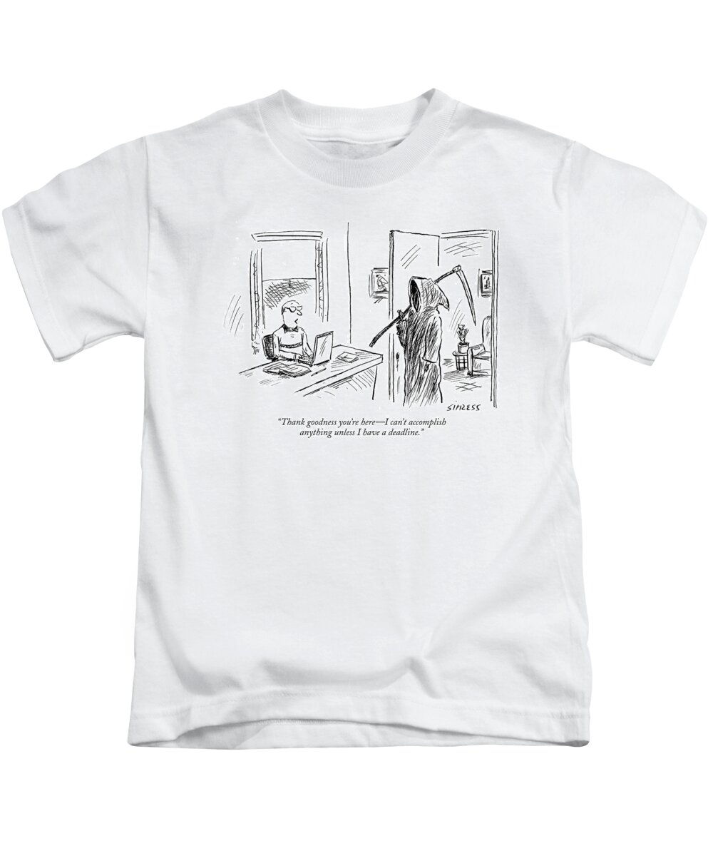 Grim Reaper Writers Death Motivation Kids T-Shirt featuring the drawing Thank Goodness You're Here - I Can't Accomplish by David Sipress