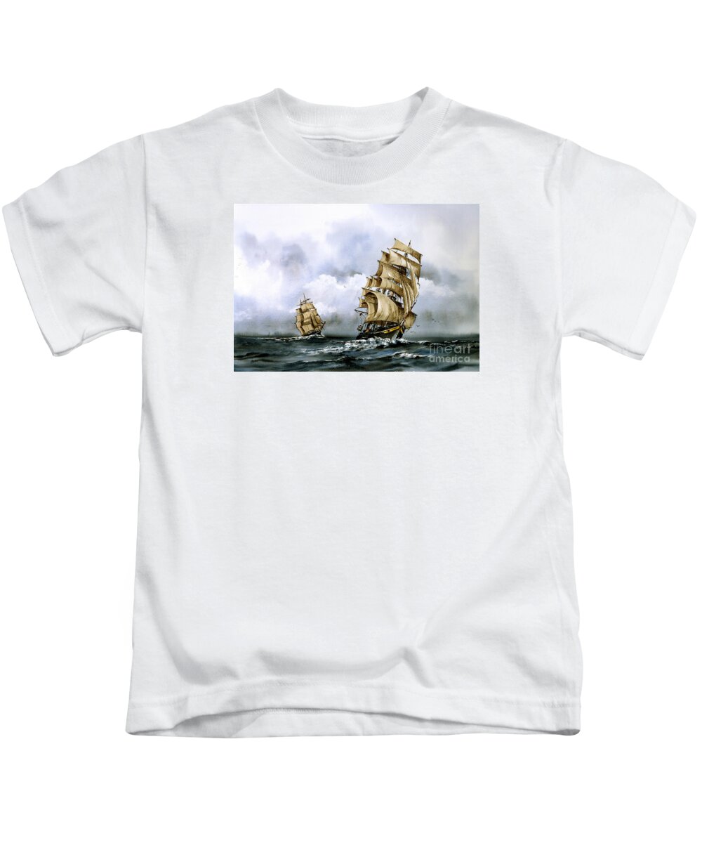 Val Byrne Kids T-Shirt featuring the painting The Cutty Sark and the Red Clipper by Val Byrne