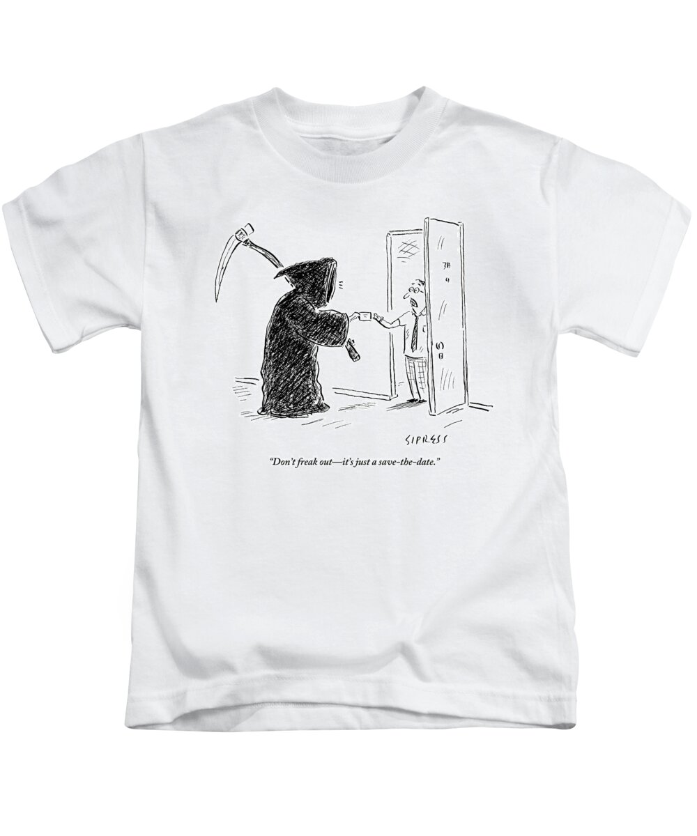The Grim Reaper Is Seen Giving A Piece Of Paper To A Frightened Man.

Media Id 133471
 Kids T-Shirt featuring the drawing The Grim Reaper Is Seen Giving A Piece Of Paper by David Sipress