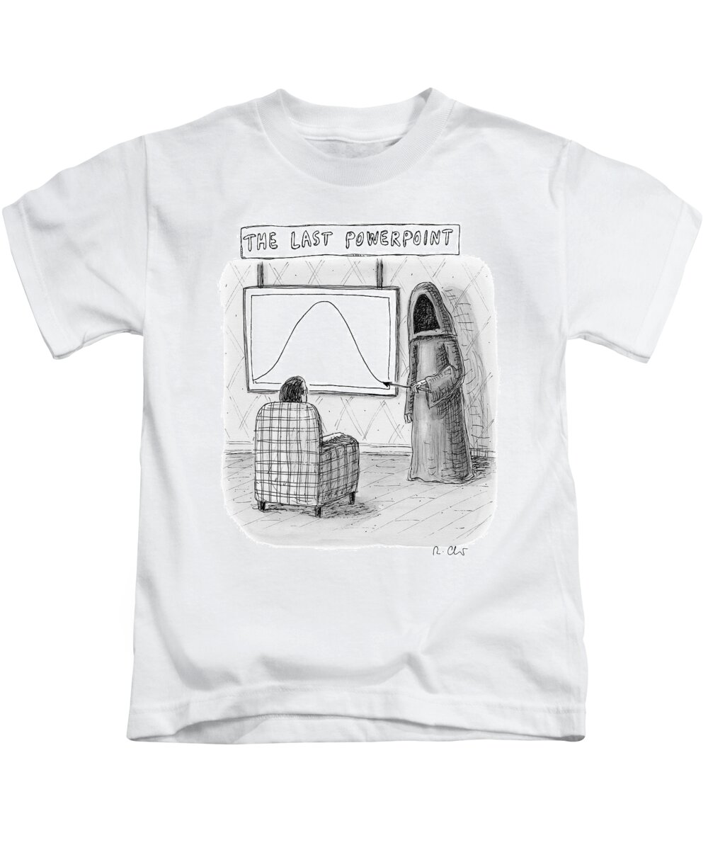 Powerpoint Kids T-Shirt featuring the drawing The Grim Reaper Points To A Screen As A Man by Roz Chast