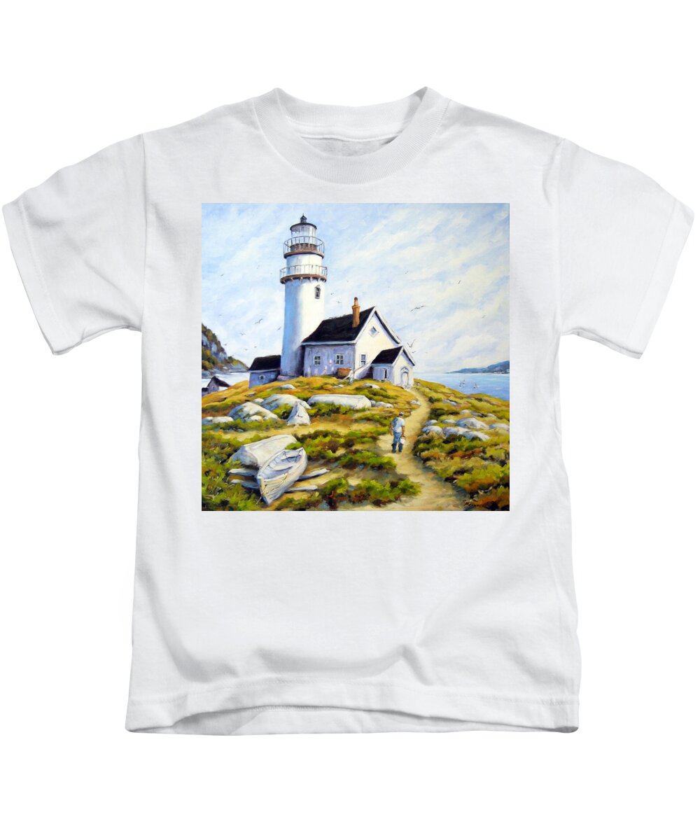 Fishing Boats; Fishermen; Bot Kids T-Shirt featuring the painting The Lighthouse Keeper by Richard T Pranke