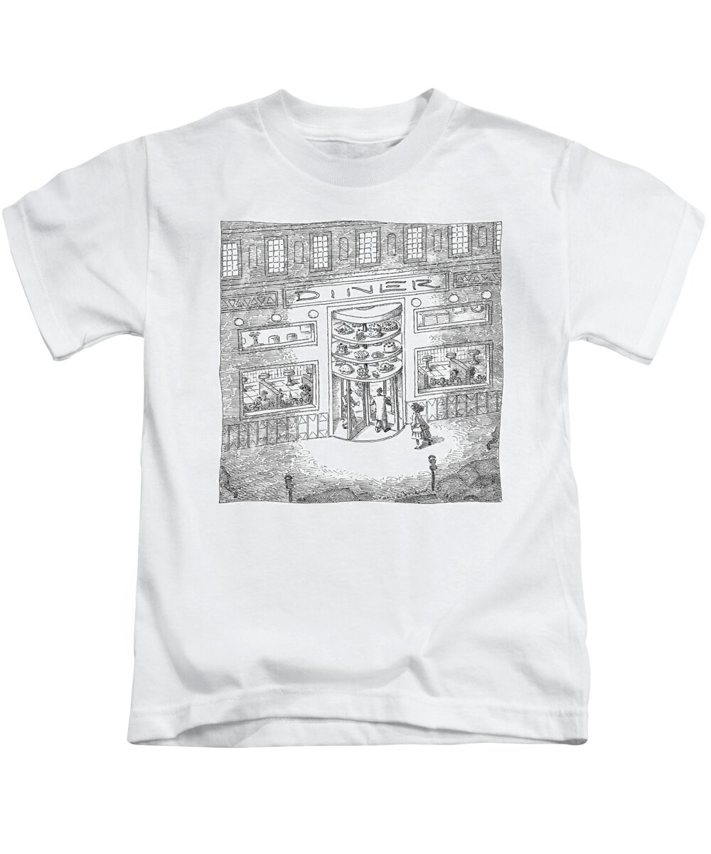 Captionless Kids T-Shirt featuring the drawing The Revolving Door Into A Diner Has A Revolving by John O'Brien