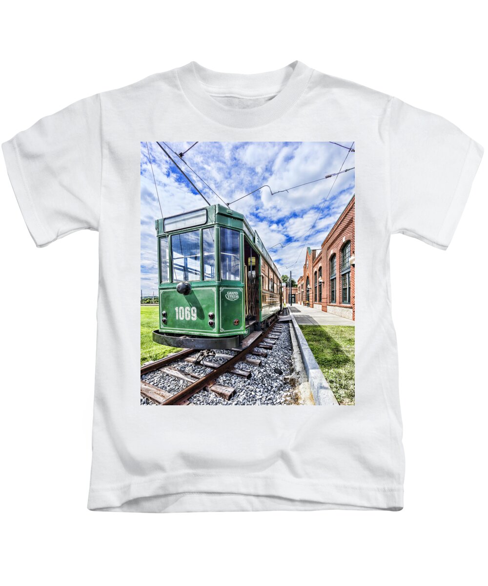 Colesville Kids T-Shirt featuring the photograph The STIB 1069 streetcar at the National Capital Trolley Museum i by William Kuta