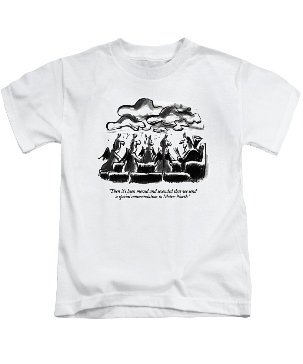 

 Satan Says At A Meeting Of Devils In Hell. Refers To Commuters' Recent Bad Experiences Riding Metronorth During The Blizzard Of '96. 
Meetings Kids T-Shirt featuring the drawing Then It's Been Moved And Seconded That We Send by Lee Lorenz