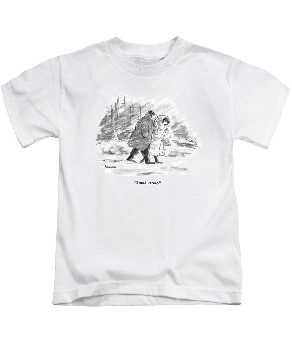 

 Woman To Man As They Walk Down Stormy Street. 
Winter Kids T-Shirt featuring the drawing Think Spring by Frank Modell