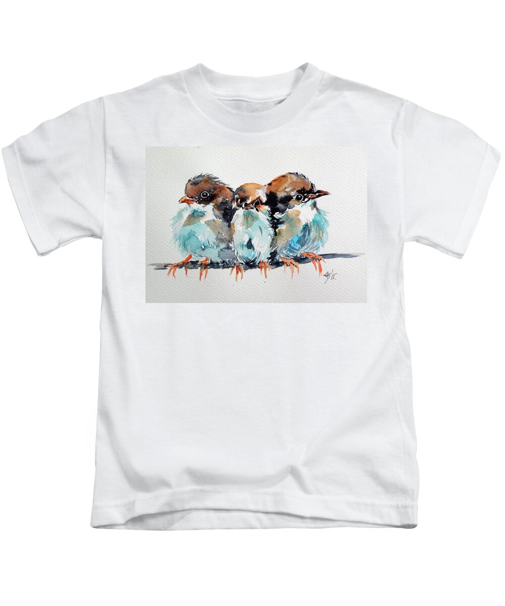 Three Kids T-Shirt featuring the painting Three birds by Kovacs Anna Brigitta