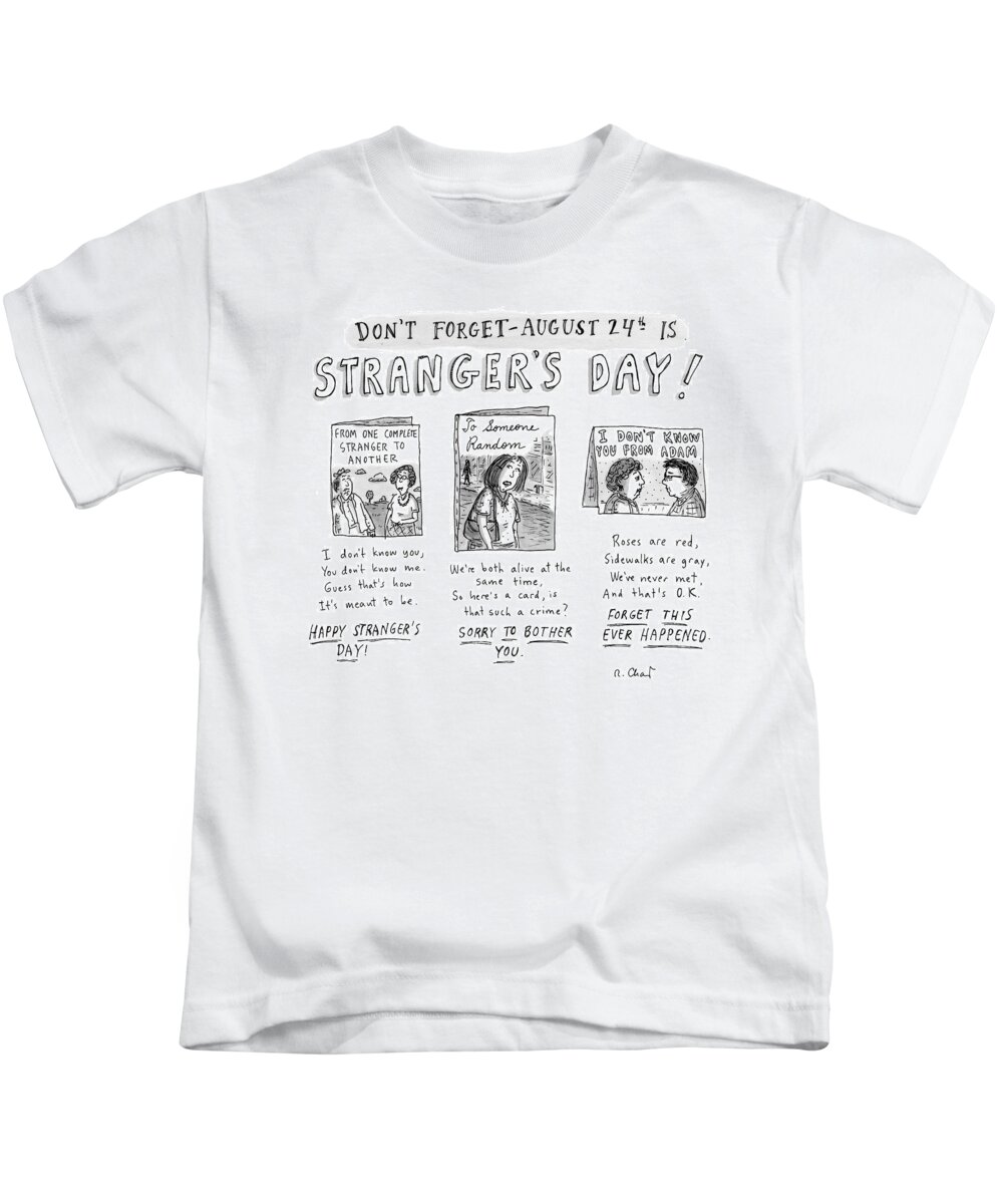 Strangers Kids T-Shirt featuring the drawing Three Greeting Cards Are Shown To Celebrate by Roz Chast
