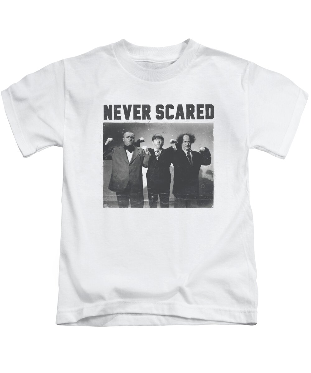 The Three Stooges Kids T-Shirt featuring the digital art Three Stooges - Never Scared by Brand A