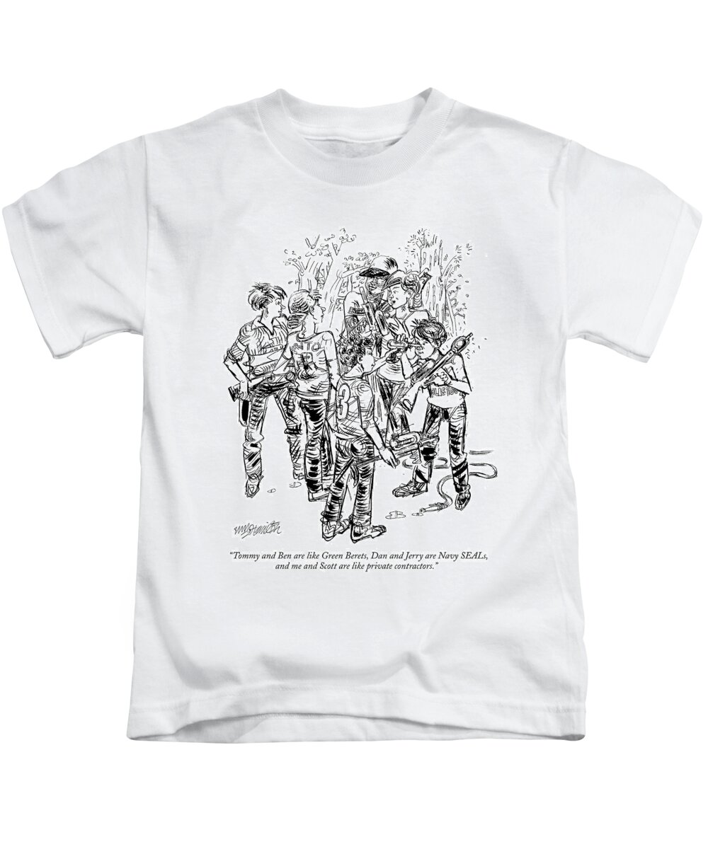 Military Business Children Games
 
(group Of Kids Playing With Water Pistols.) 119393 Whm William Hamilton Kids T-Shirt featuring the drawing Tommy And Ben Are Like Green Berets by William Hamilton