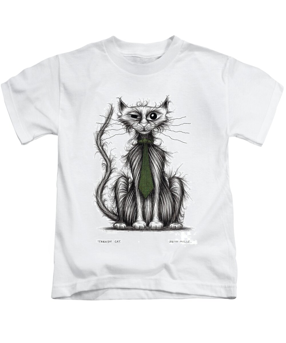 Cat Kids T-Shirt featuring the drawing Trendy cat by Keith Mills