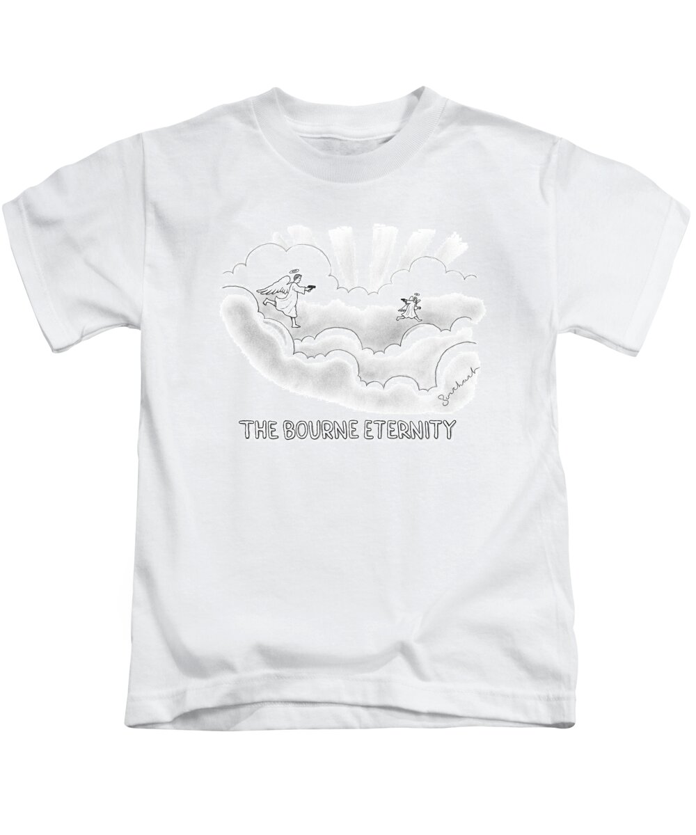 Captionless Bourne Identity Kids T-Shirt featuring the drawing Two Angels In Heaven Chase Each Other With Guns by David Borchart