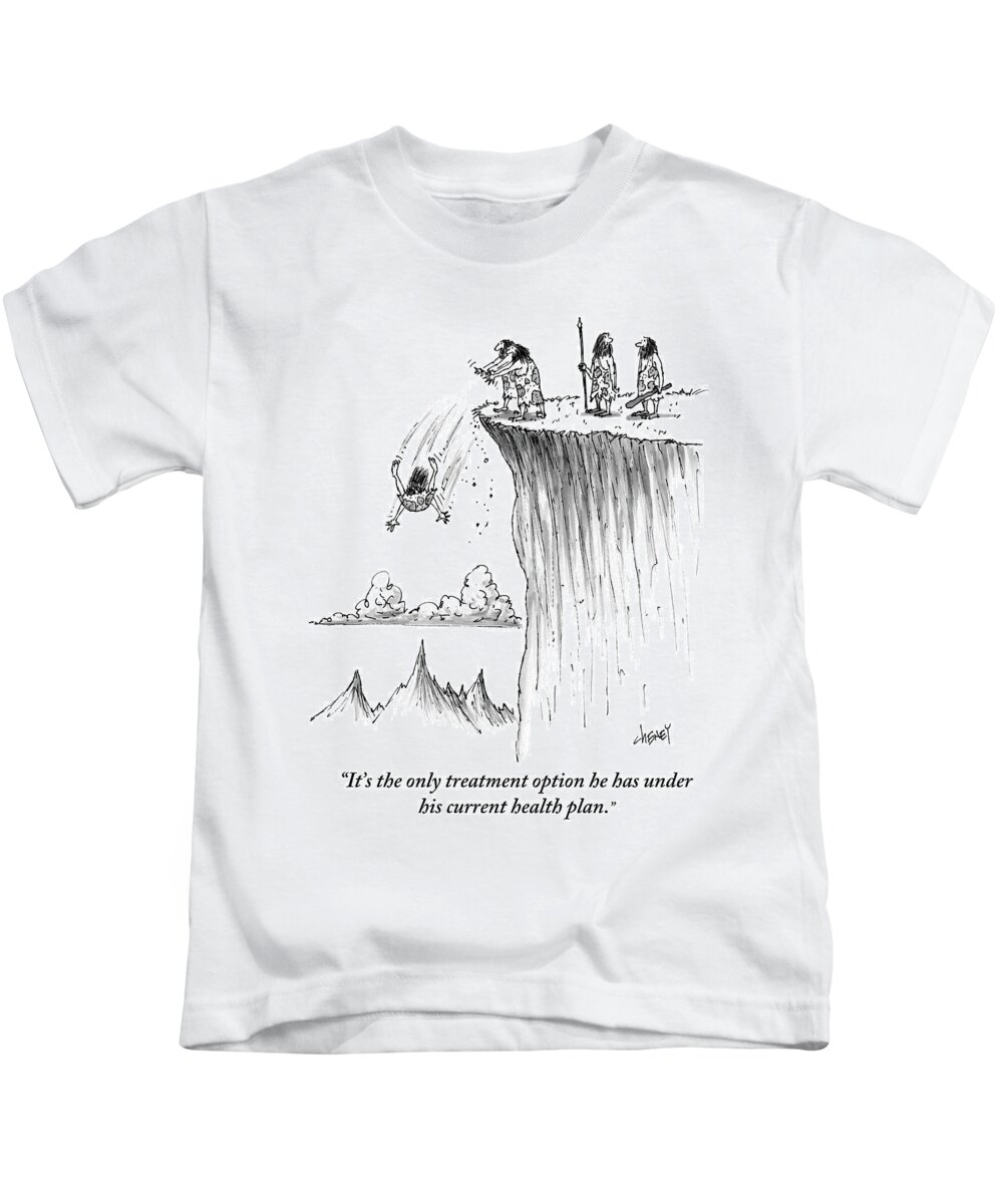 Two Cavemen Push A Caveman Off Cliff Kids T-Shirt for by Tom Cheney