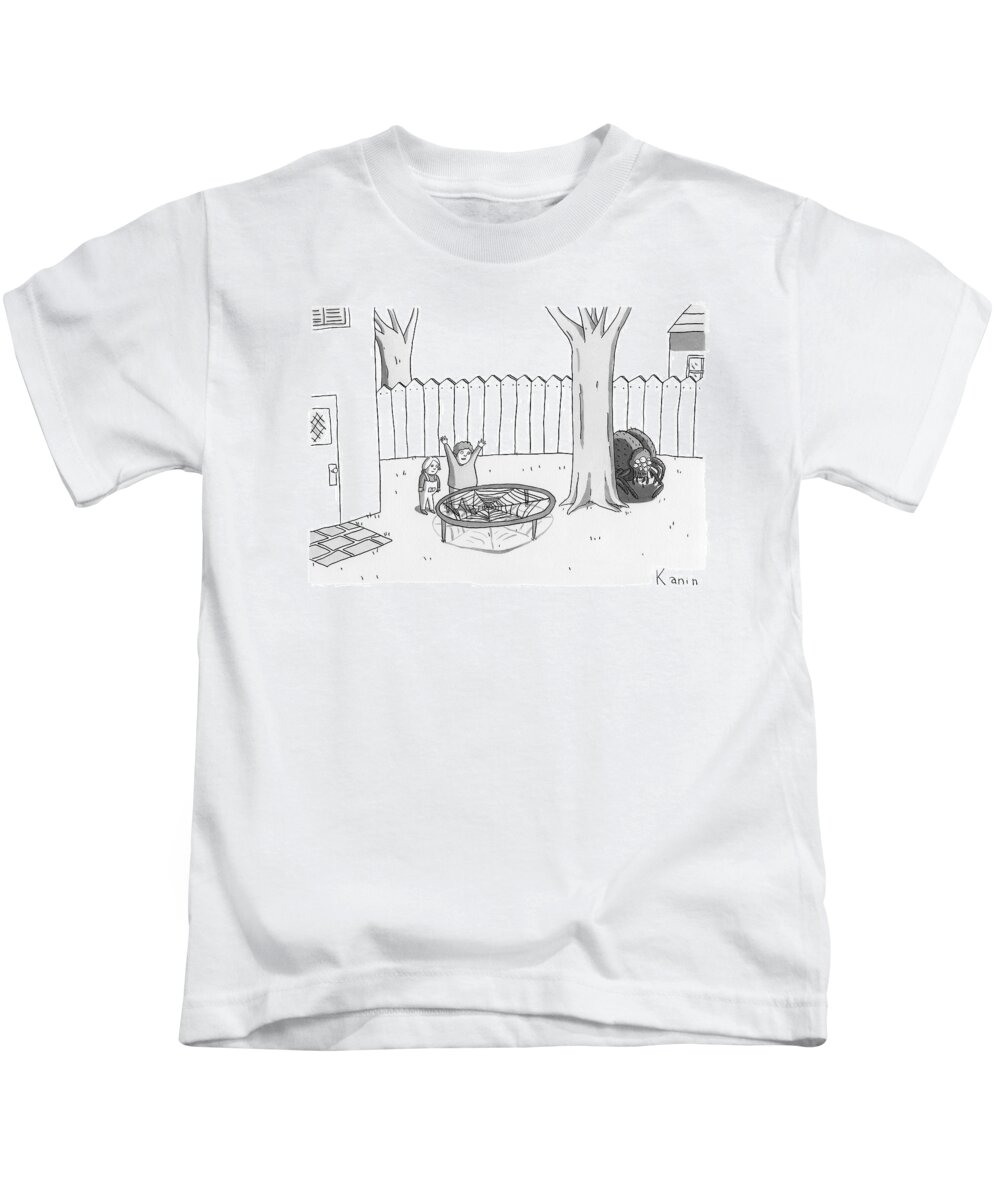 Spiders Kids T-Shirt featuring the drawing Two Children Excitedly Look At A Web Disguised by Zachary Kanin