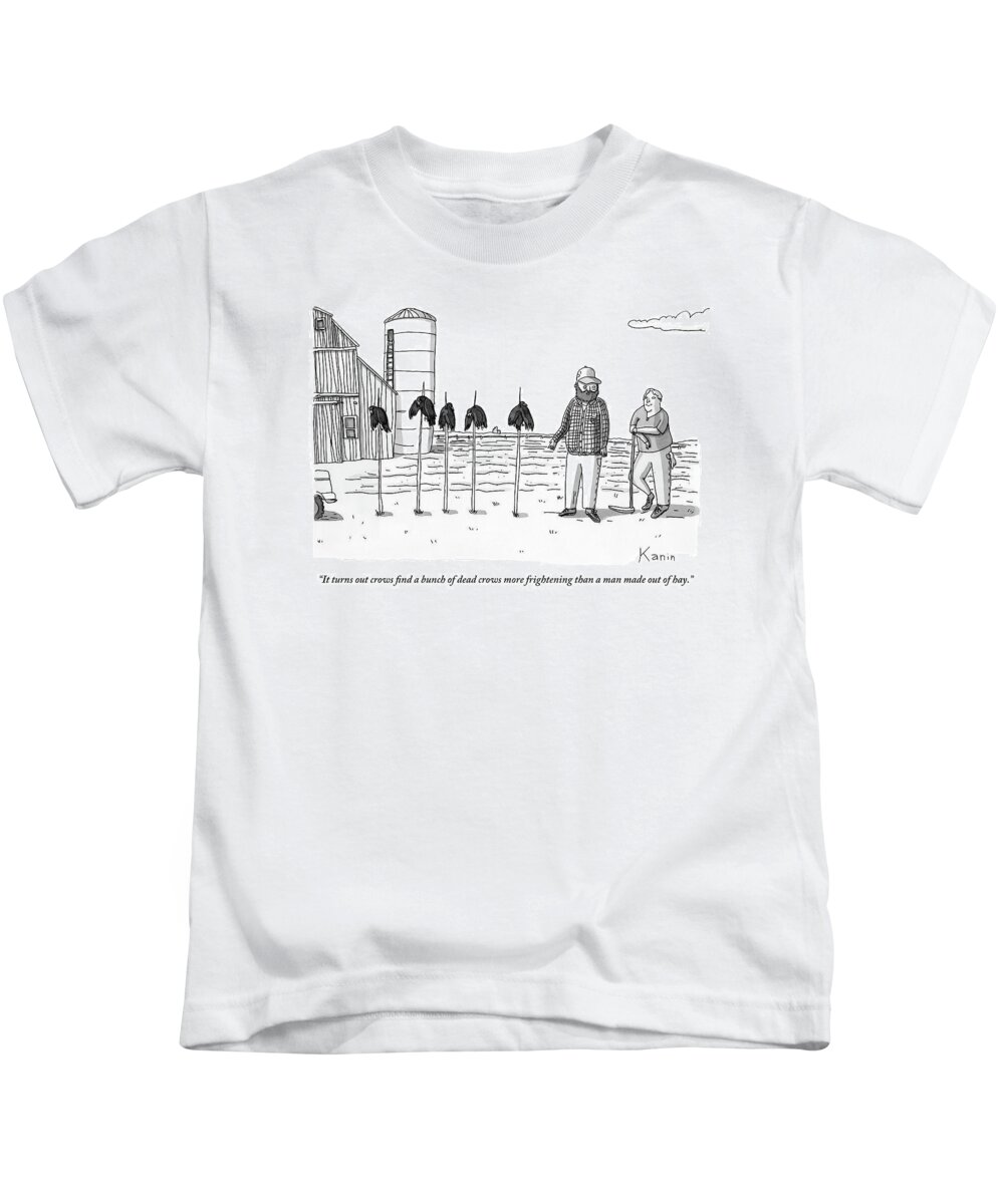 Two Farmers Stand Next Two Five Dead Crows On Sticks. Scarecrows Kids T-Shirt featuring the drawing Two Farmers Stand Next Two Five Dead Crows by Zachary Kanin