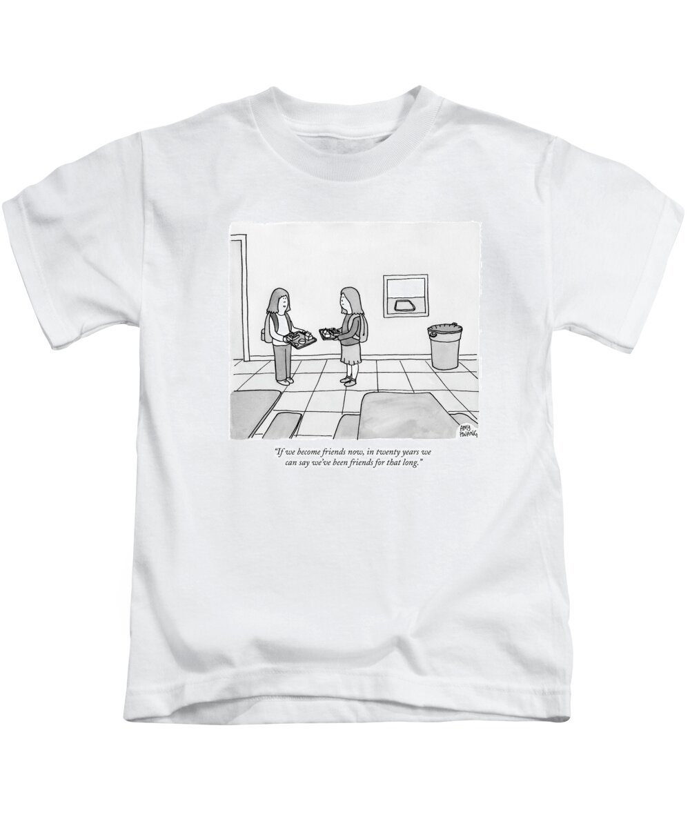 Friendship Kids T-Shirt featuring the drawing Two Girls Talk In A School Cafeteria by Amy Hwang