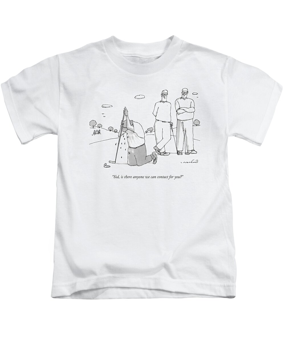 Golf Kids T-Shirt featuring the drawing Two Golfers Speak To A Man by Michael Crawford