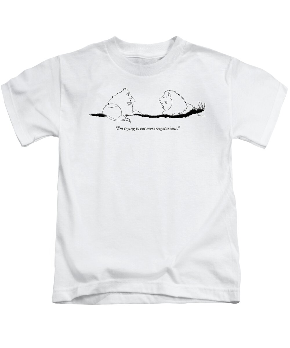 Lions Kids T-Shirt featuring the drawing Two Lions Sit Conversing by Michael Shaw