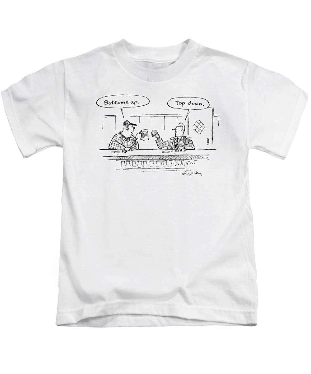 Captionless Kids T-Shirt featuring the drawing Two Men In Bar Toasting Their Drinks by Mike Twohy