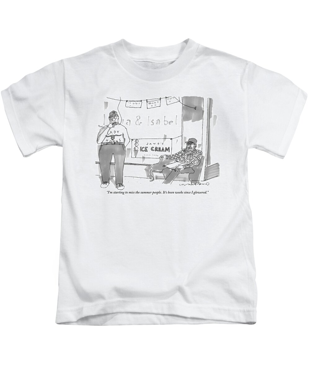 Vacation Kids T-Shirt featuring the drawing Two Men Sit Outside An Ice Cream Shop Smoking by Michael Crawford