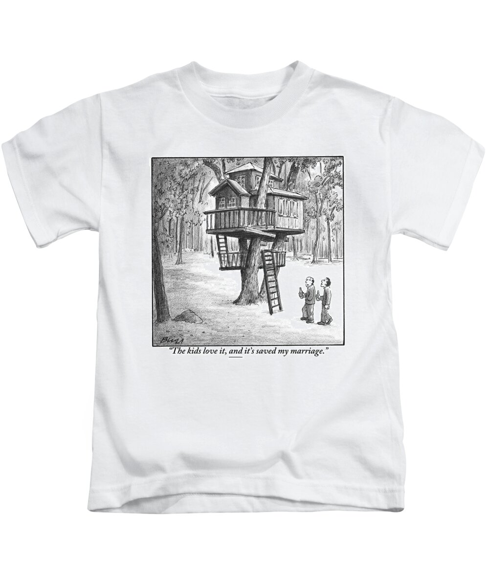 Treehouses Kids T-Shirt featuring the drawing Two Men With Beers Are Seen Walking Towards by Harry Bliss