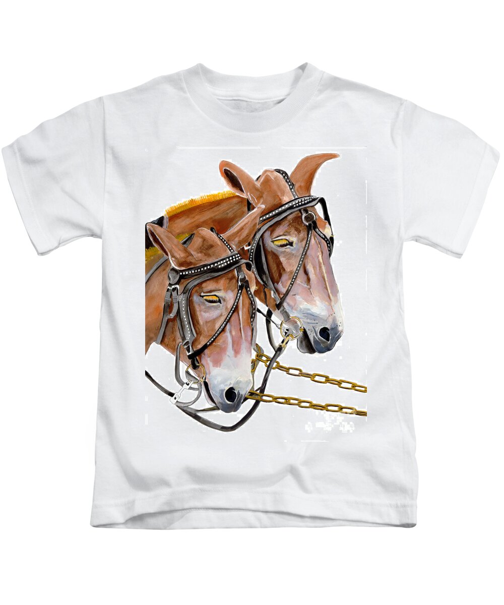 Mules Kids T-Shirt featuring the painting Two Mules - Enhanced Color - Farmer's Friend by Jan Dappen