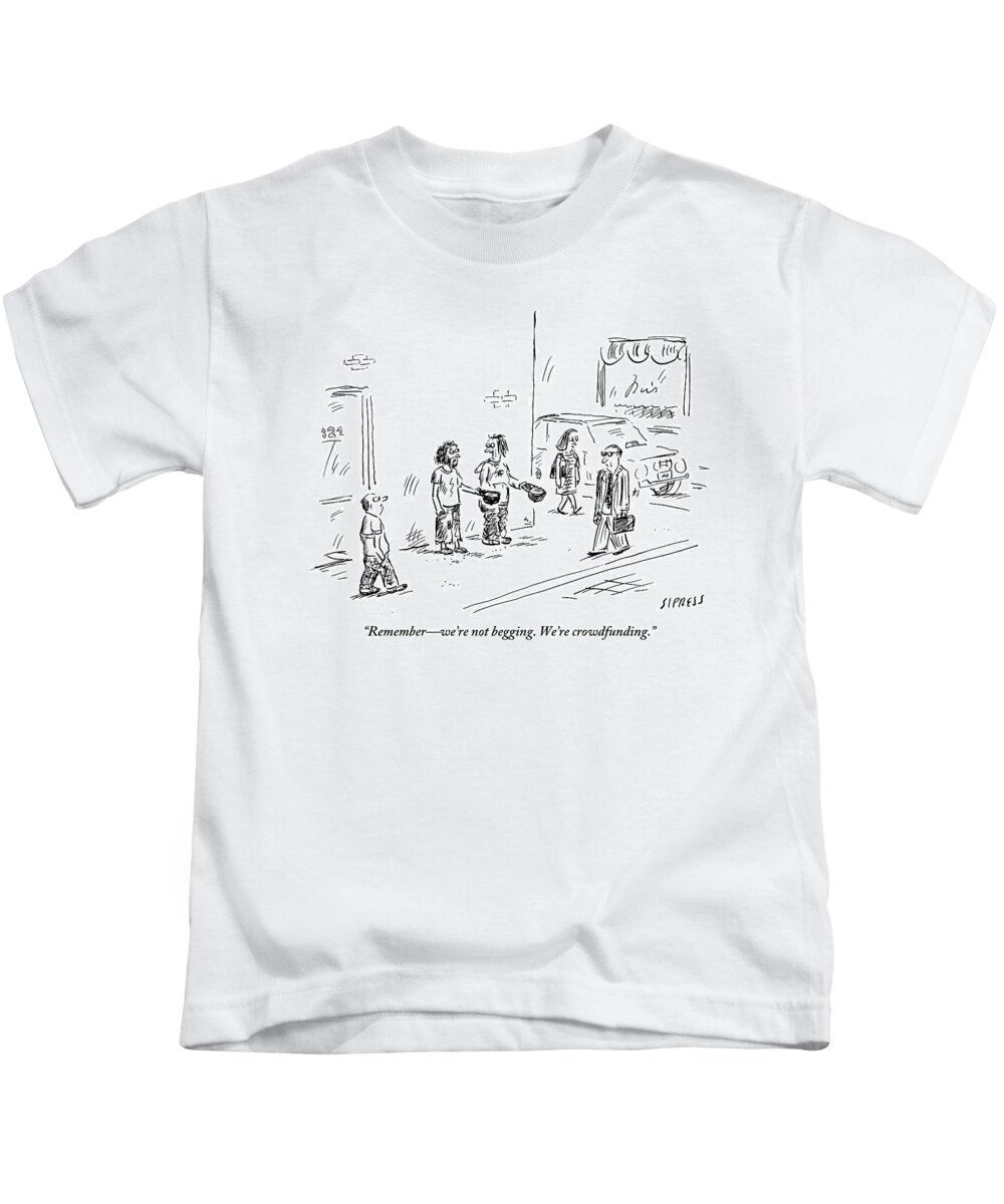 #condenastnewyorkercartoon Kids T-Shirt featuring the drawing Two People Are Begging On The Sidewalk by David Sipress