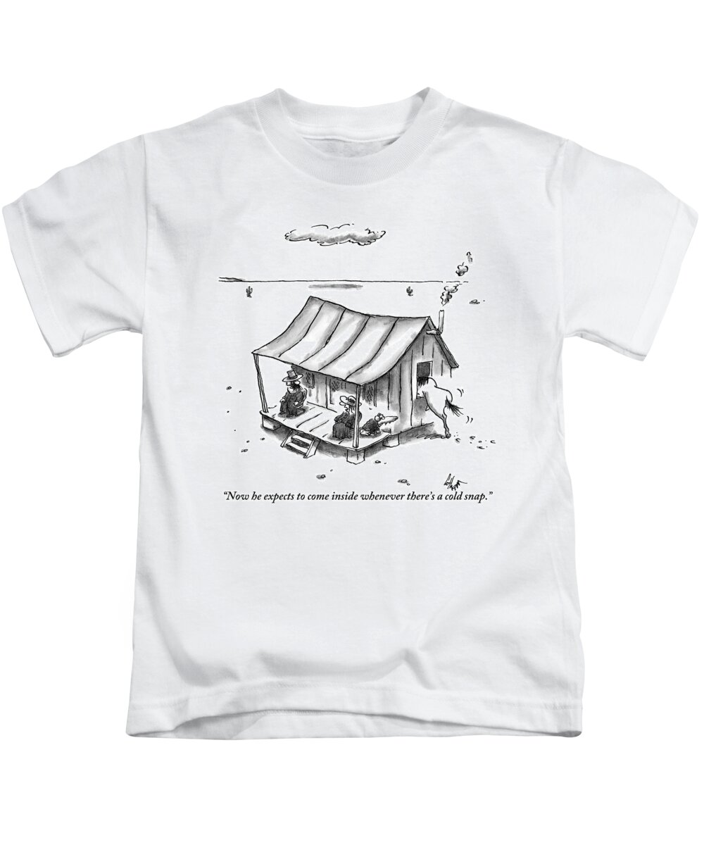 Horses Kids T-Shirt featuring the drawing Two People Are Seen Sitting On A Porch Of A Small by Frank Cotham