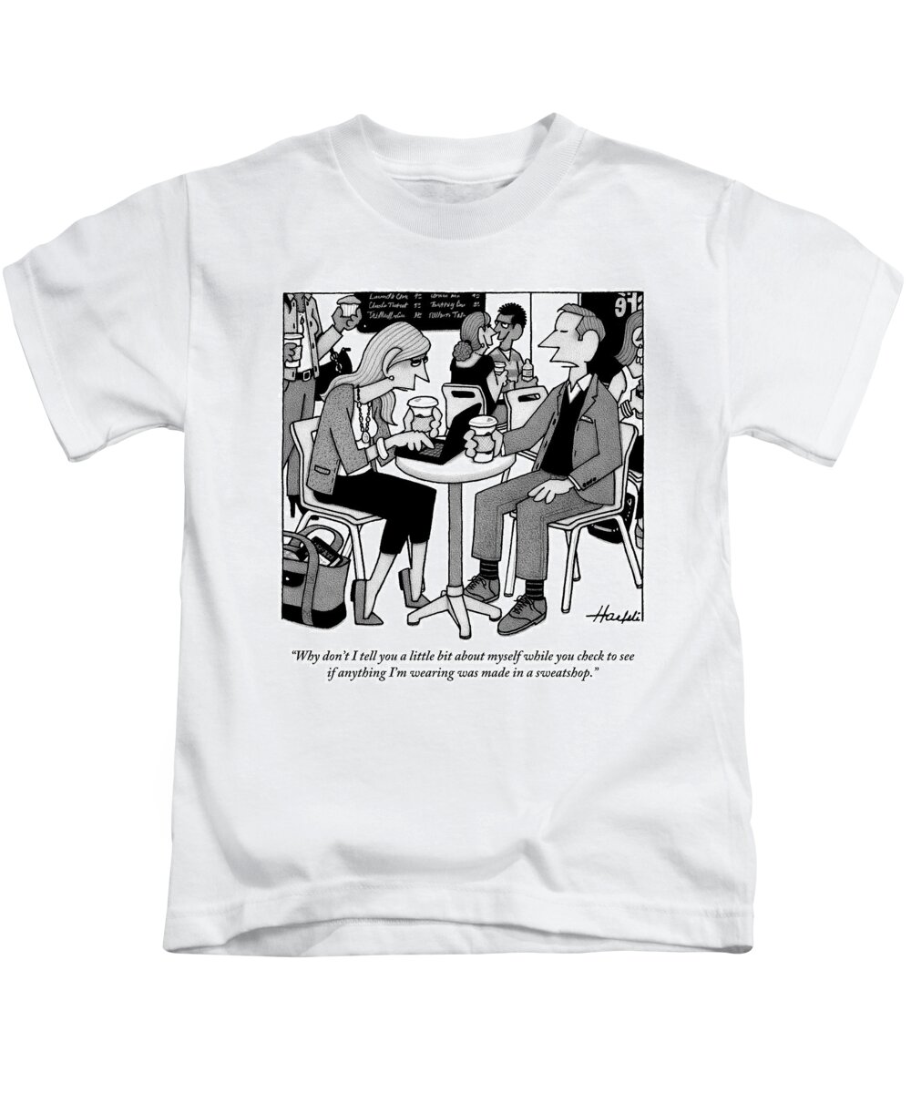 Sweatshop Kids T-Shirt featuring the drawing Two People Sitting At A Table Drinking Coffee by William Haefeli