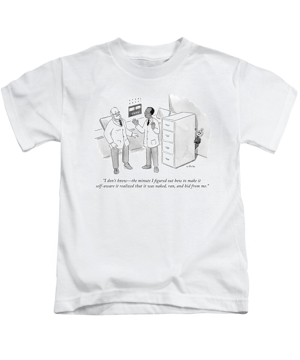 Robot Kids T-Shirt featuring the drawing Two Scientists Talking While A Scared Robot Hides by Emily Flake
