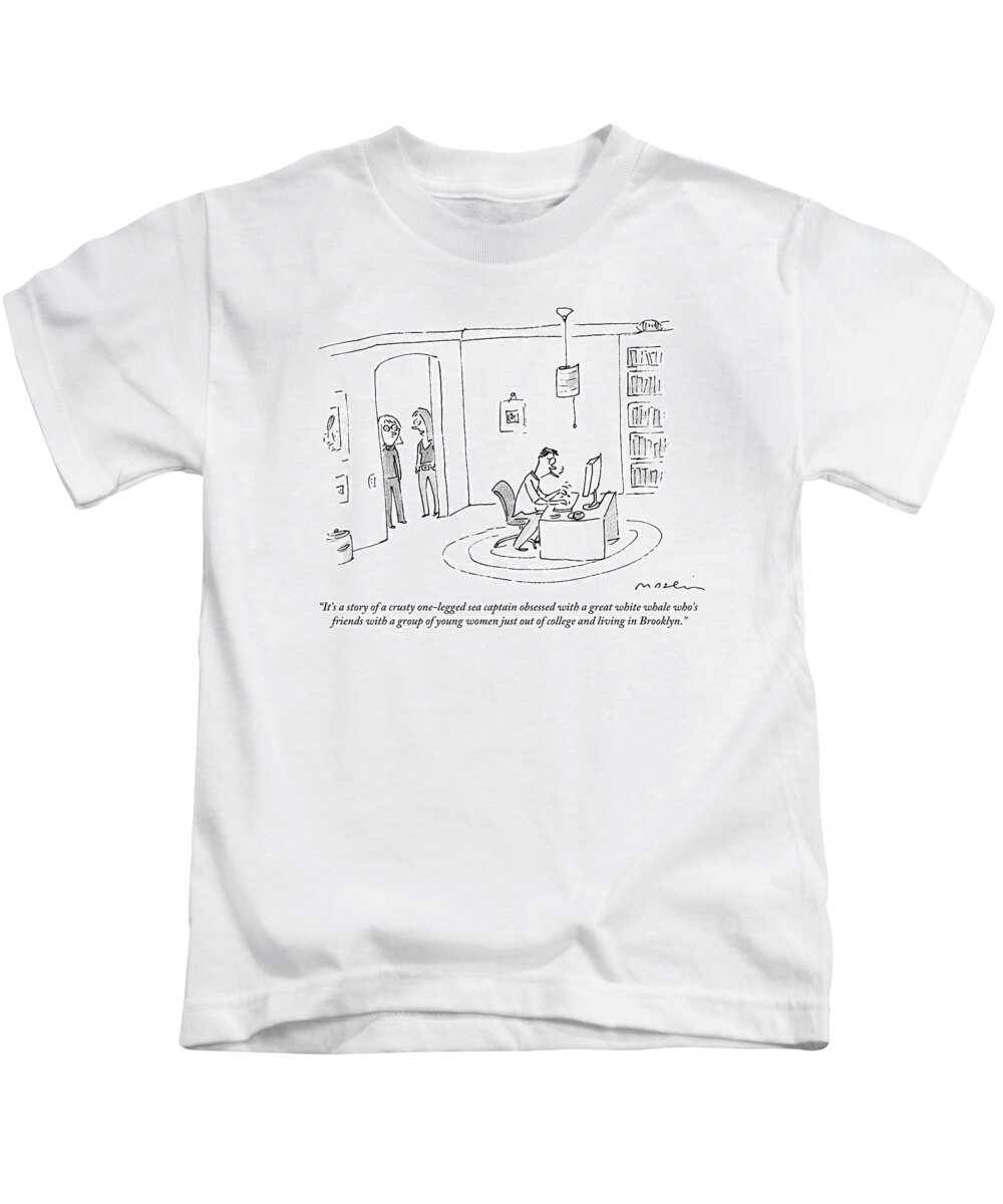 Writers Kids T-Shirt featuring the drawing Two Women In A Doorway Talk As A Man Writes by Michael Maslin