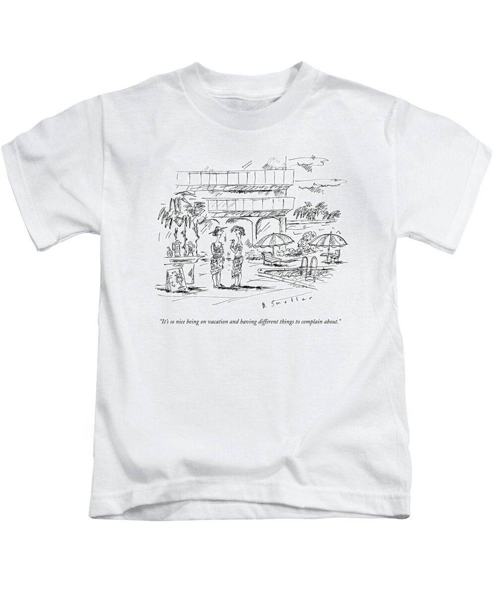 Vacation Kids T-Shirt featuring the drawing Two Women In A Warm Holiday Resort Speak To Each by Barbara Smaller