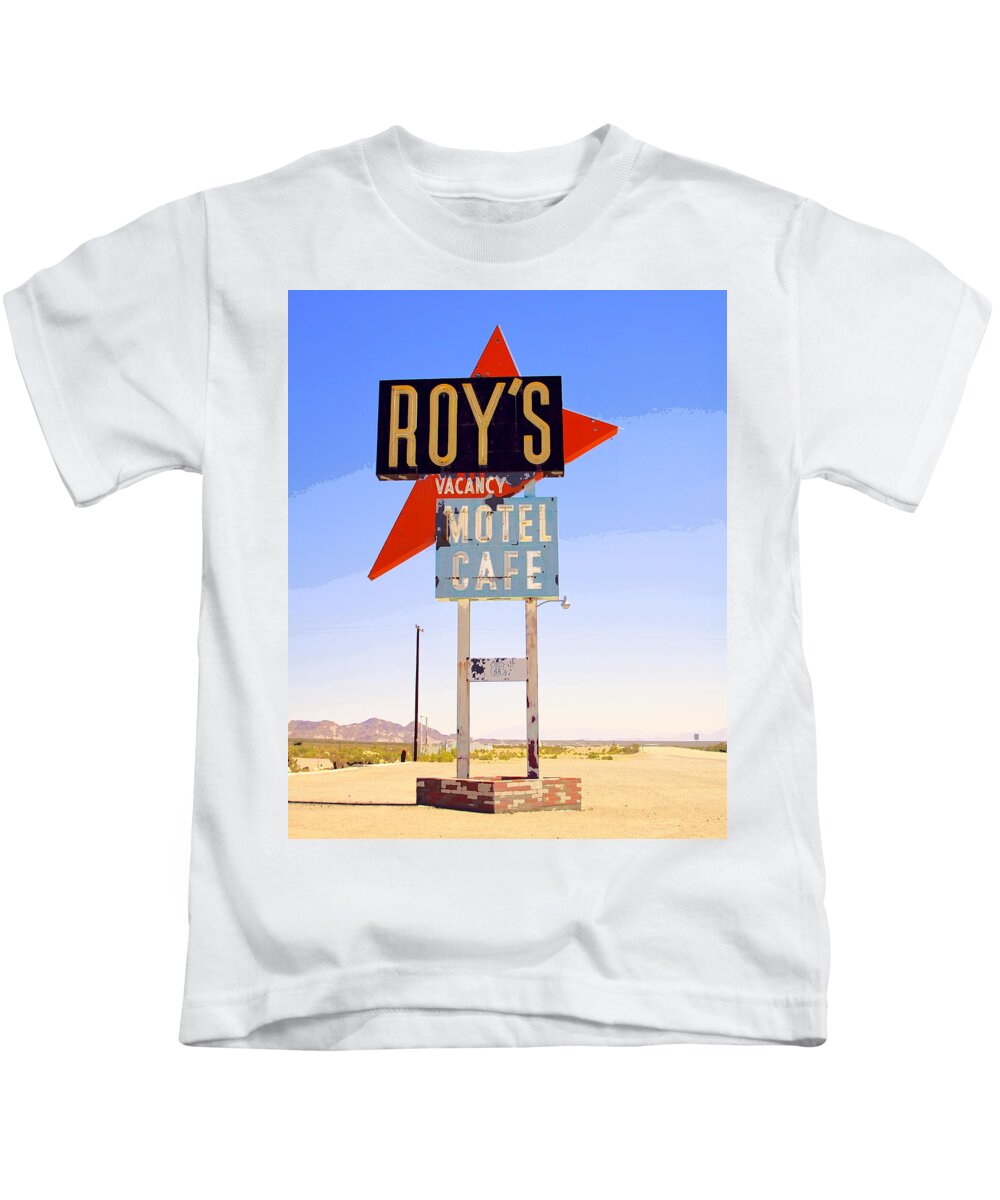Roy's Kids T-Shirt featuring the photograph COLOR OF VACANCY Route 66 Amboy CA by William Dey