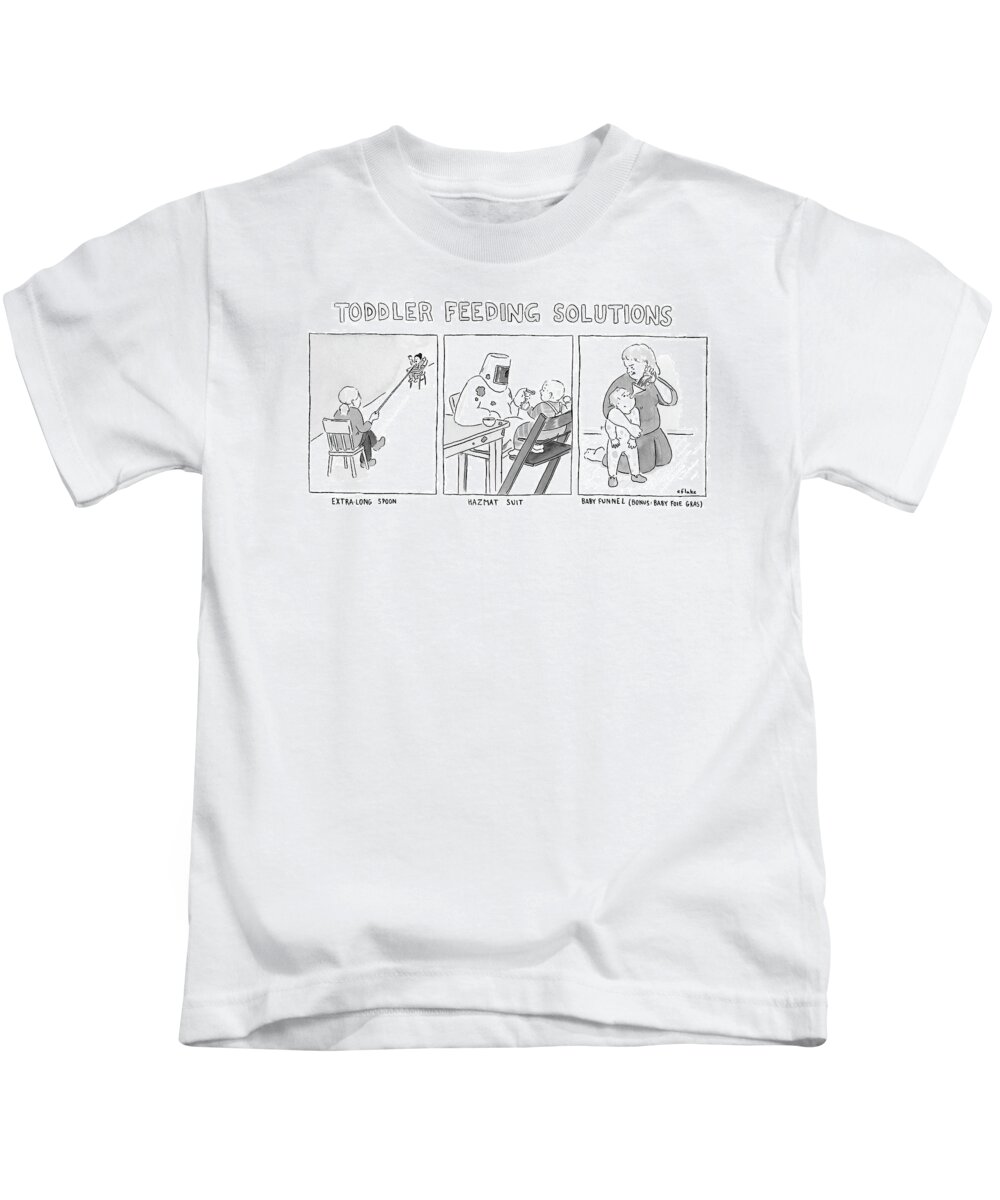 Captionless Kids T-Shirt featuring the drawing Various Ways To Feed A Toddler Without Getting by Emily Flake