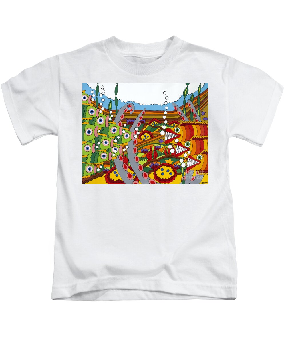 Fish Kids T-Shirt featuring the painting Vegetarians and Meat Eaters by Rojax Art