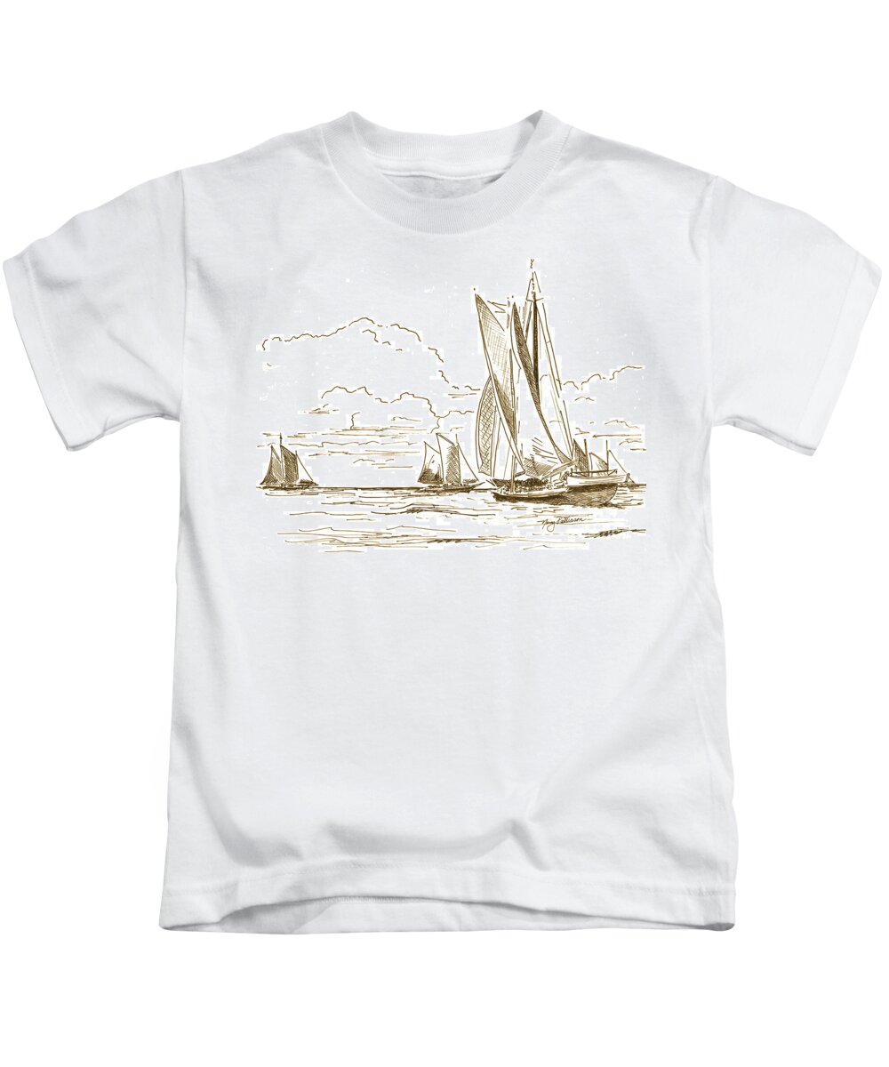 Oyster Schooners Kids T-Shirt featuring the drawing Vintage Oyster Schooners by Nancy Patterson