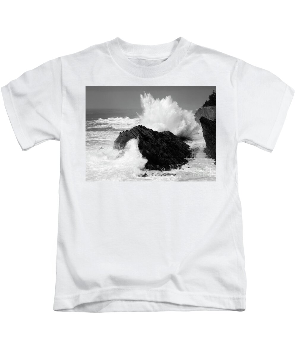 Lighthouse Kids T-Shirt featuring the photograph Wave at Shore Acres BW by Bob Christopher