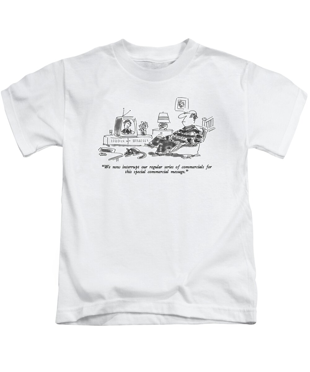 Consumerism Kids T-Shirt featuring the drawing We Now Interrupt Our Regular Series by Dean Vietor