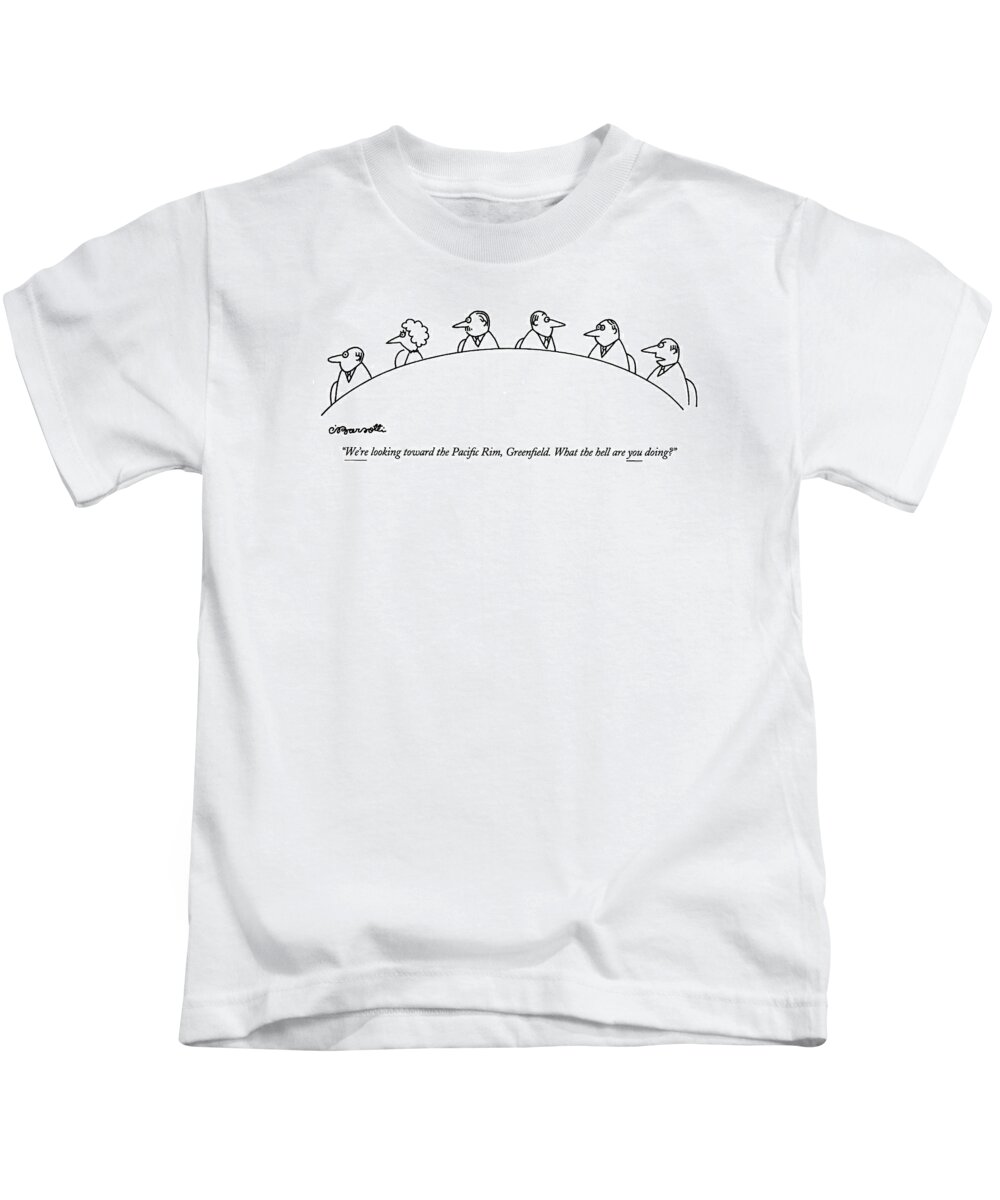 

 A Group Of Six People Sitting Around The Rim Of A Round Table Kids T-Shirt featuring the drawing We're Looking Toward The Paci?c Rim by Charles Barsotti