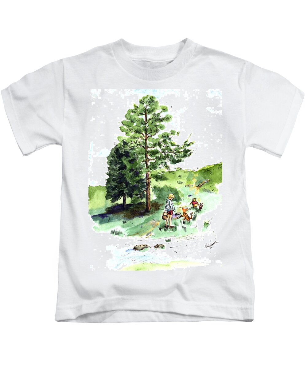 Winnie The Pooh Kids T-Shirt featuring the painting Winnie the Pooh with Christopher Robin after E H Shepard by Maria Hunt
