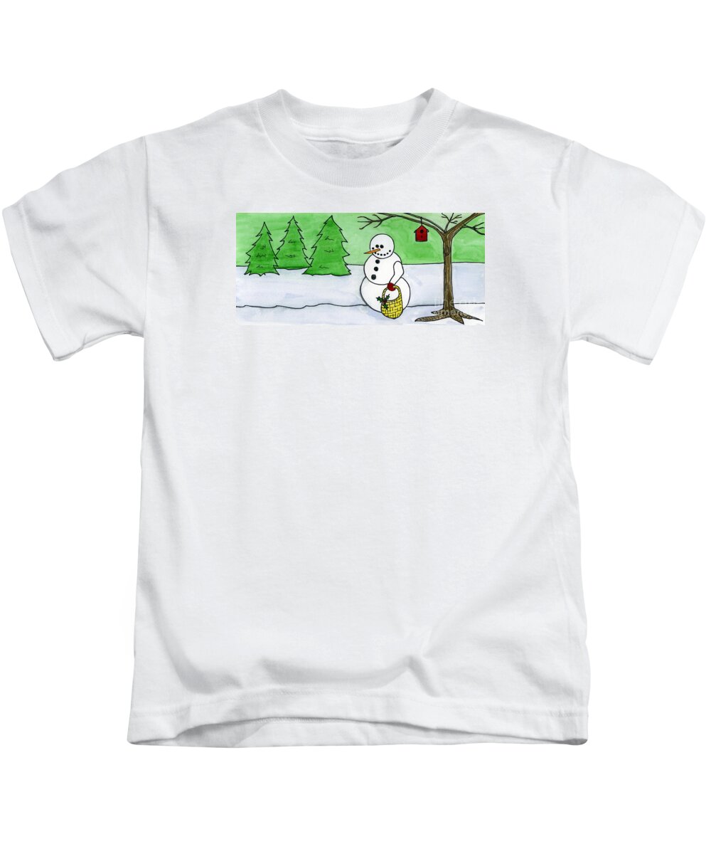 Norma Toons Kids T-Shirt featuring the painting Winter Snowman by Norma Appleton