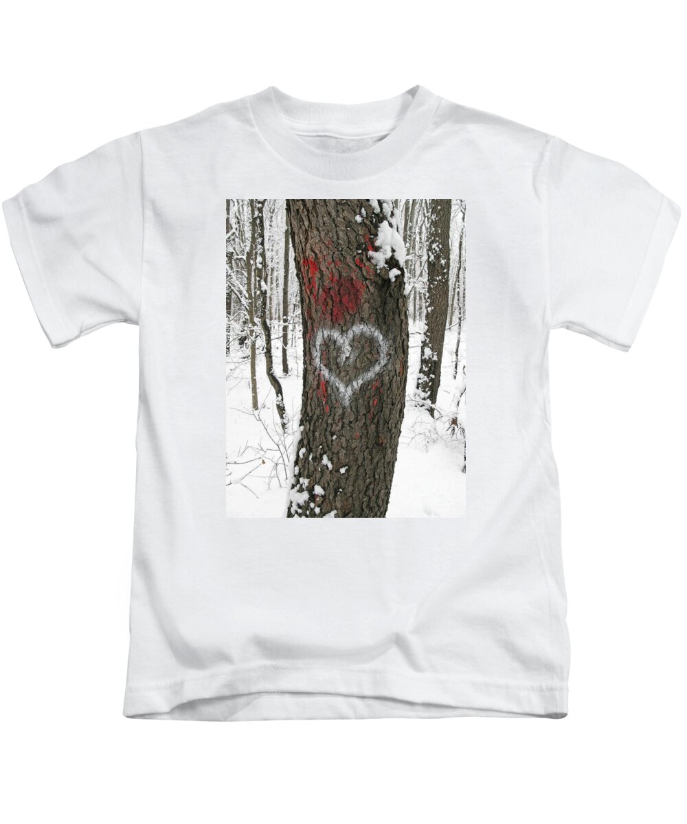 Heart Kids T-Shirt featuring the photograph Winter Woods Romance by Ann Horn