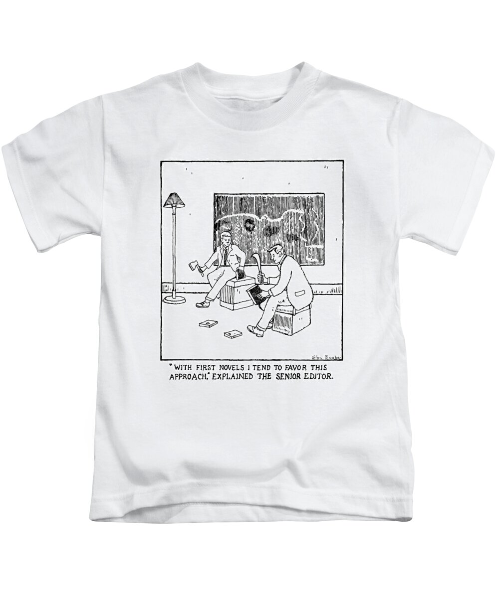 Writers Kids T-Shirt featuring the drawing With First Novels I Tend To Favor This Approach by Glen Baxter