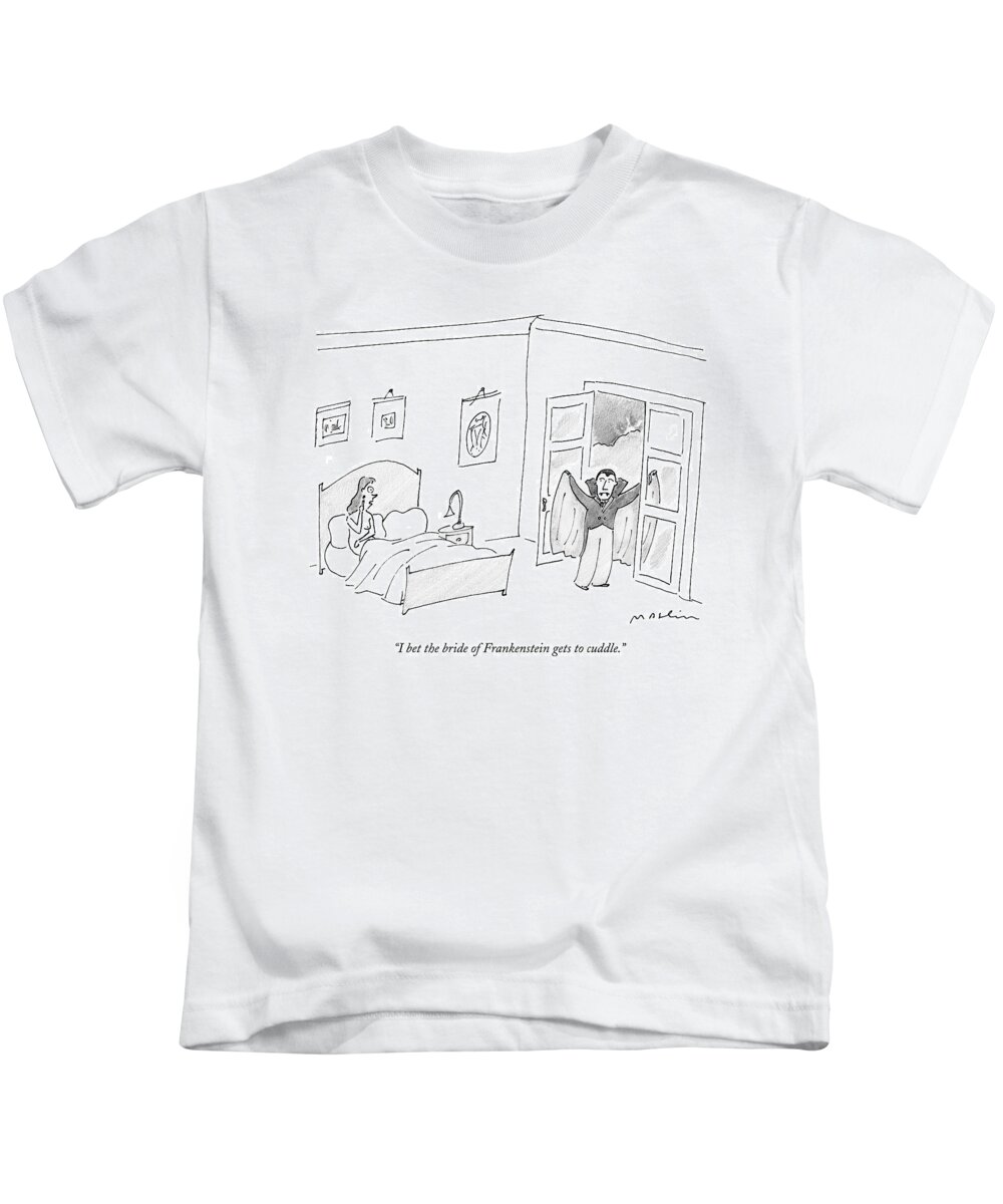 Wedding Married Marriage Groom Sex Sexual Relationships Dracula Vampire Night Ccwinner Kids T-Shirt featuring the drawing Woman In Bed Talking To Vampire At Window by Michael Maslin