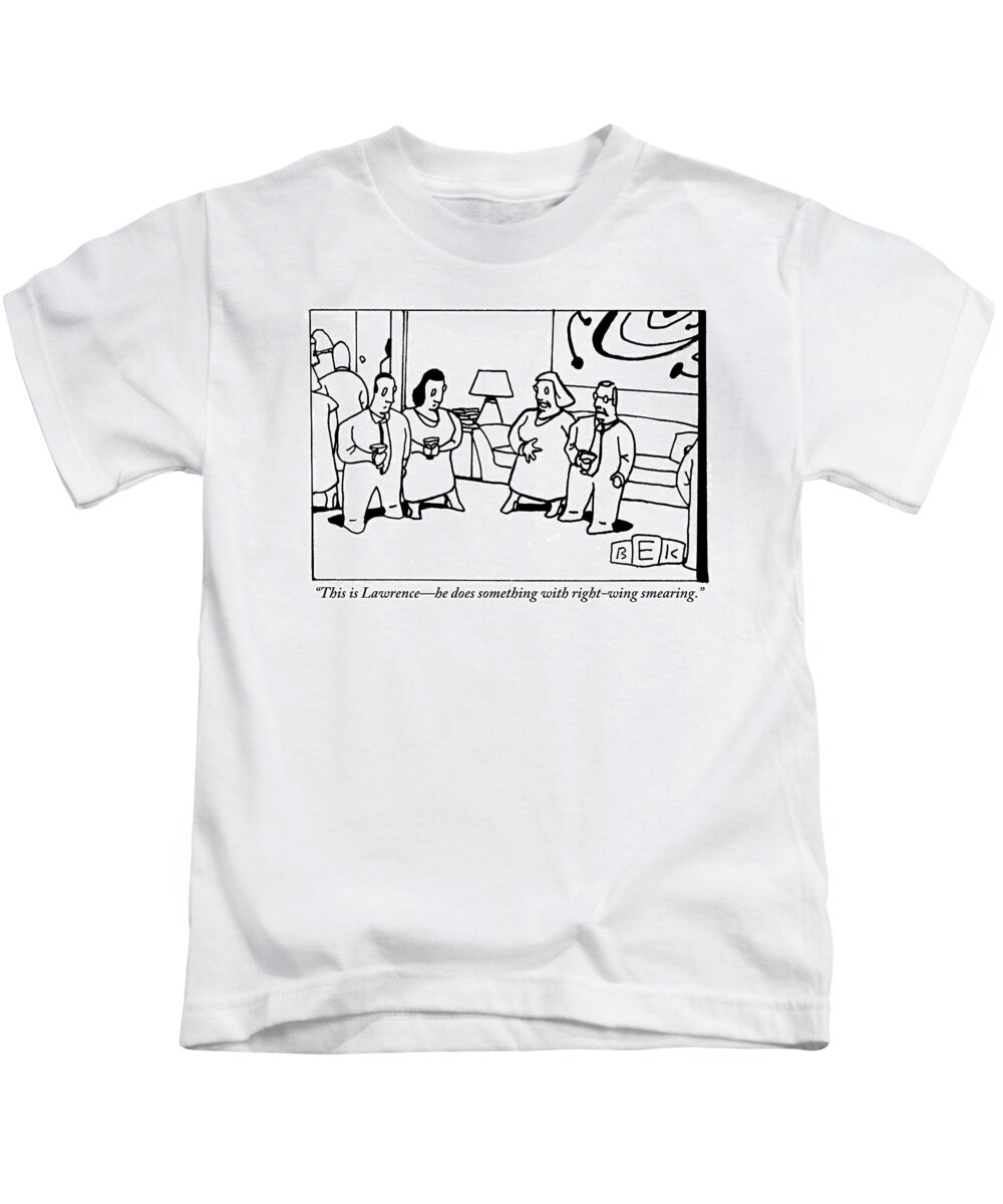 Right Wing Kids T-Shirt featuring the drawing Woman Introduces Her Friend At A Cocktail Party by Bruce Eric Kaplan