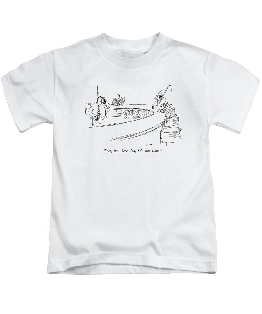 

 Bartender Speaks On Phone Kids T-Shirt featuring the drawing Yes, He's Here. No, He's Not Alone by Al Ross